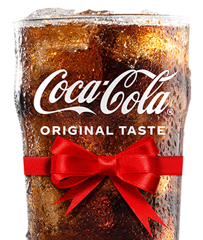 Glass of coke wrapped with a bow and labeled with Coca-Cola Original Taste