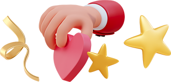 Hand holding heart surrounded by stars and ribbons